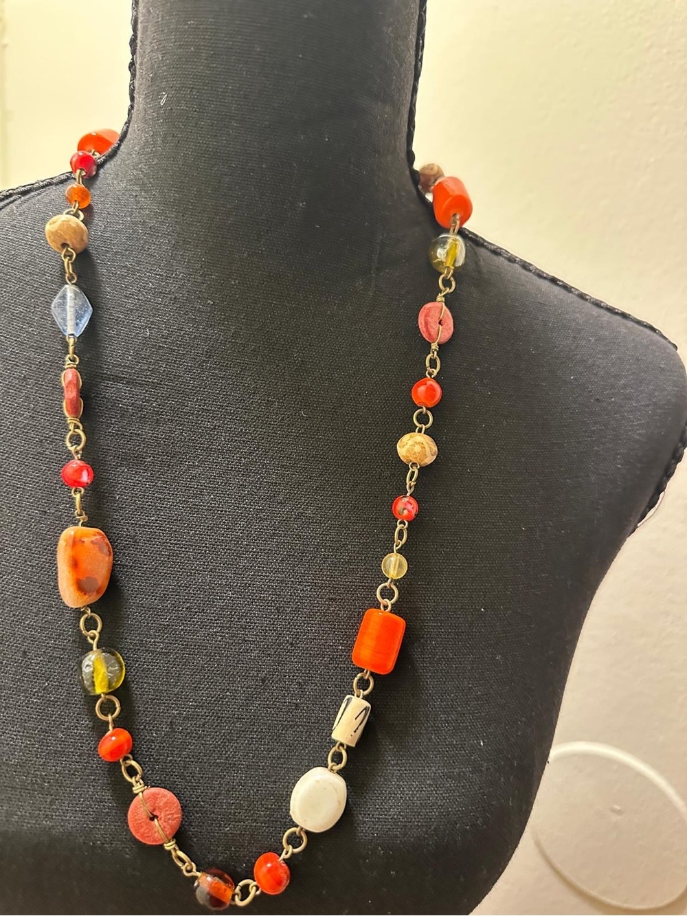 Vintage Multi Gemstone Beaded Long Necklace Wire Wrapped Orange Red Boho Art
